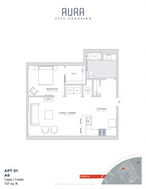 Floor plan for 1 bed, 1 bath, 727 sqft